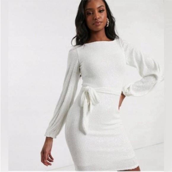 Club L London Dresses & Skirts - Club L London White Sequin Long Sleeve Mini Dress Size 8